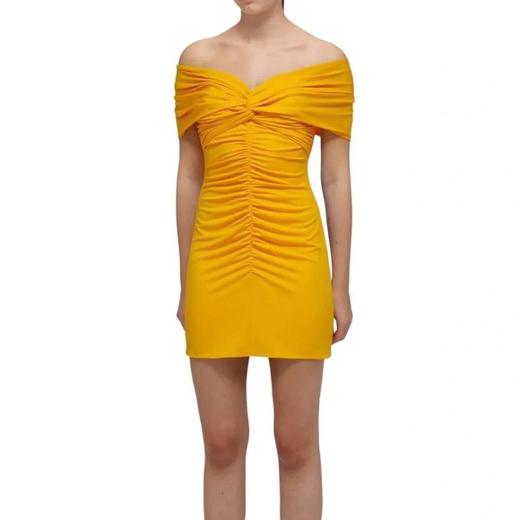 NWT Self-Portrait Yellow Off-Shoulder Ruched Bodycon Mini Dress Size 8 - Picture 1 of 13
